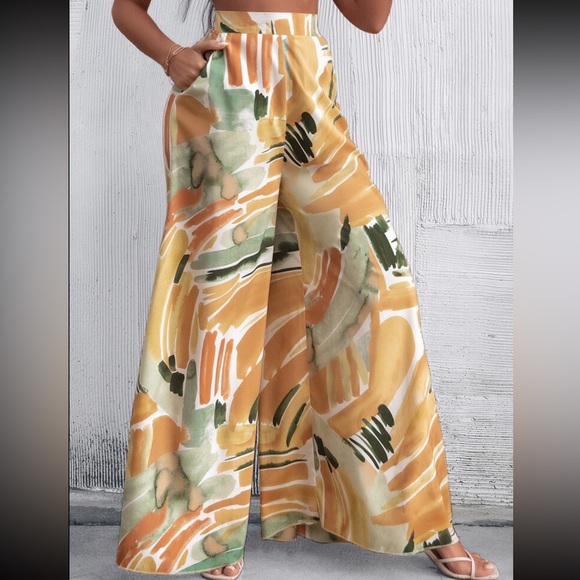 Boho High Waist Watercolor Brush Print Wide Leg Palazzo Pockets Pants - Picture 6 of 6